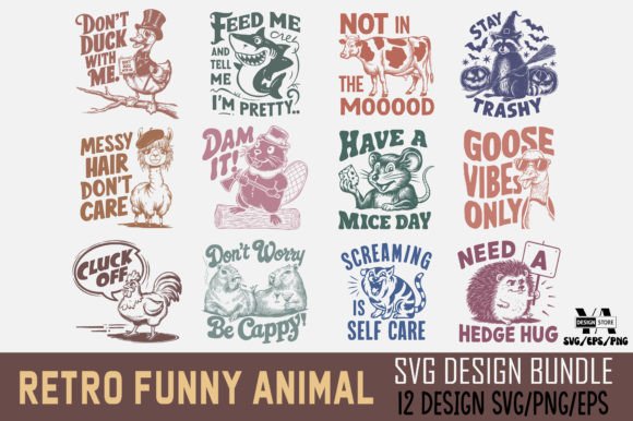 Retro Funny Sarcastic Animal SVG Bundle for Crafts and Graphics